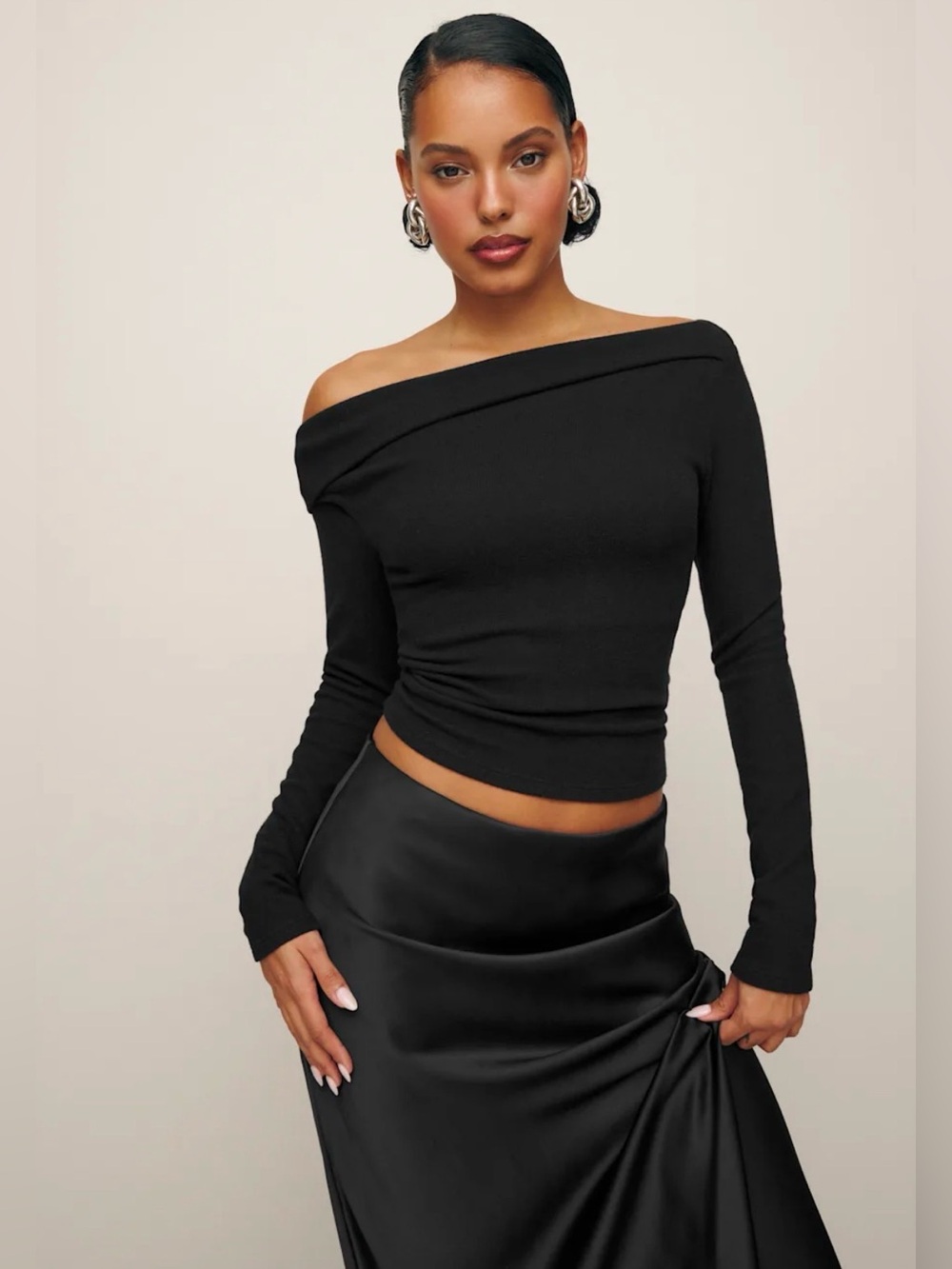 Reformation Black Off-the-Shoulder Long Sleeve Crop Top